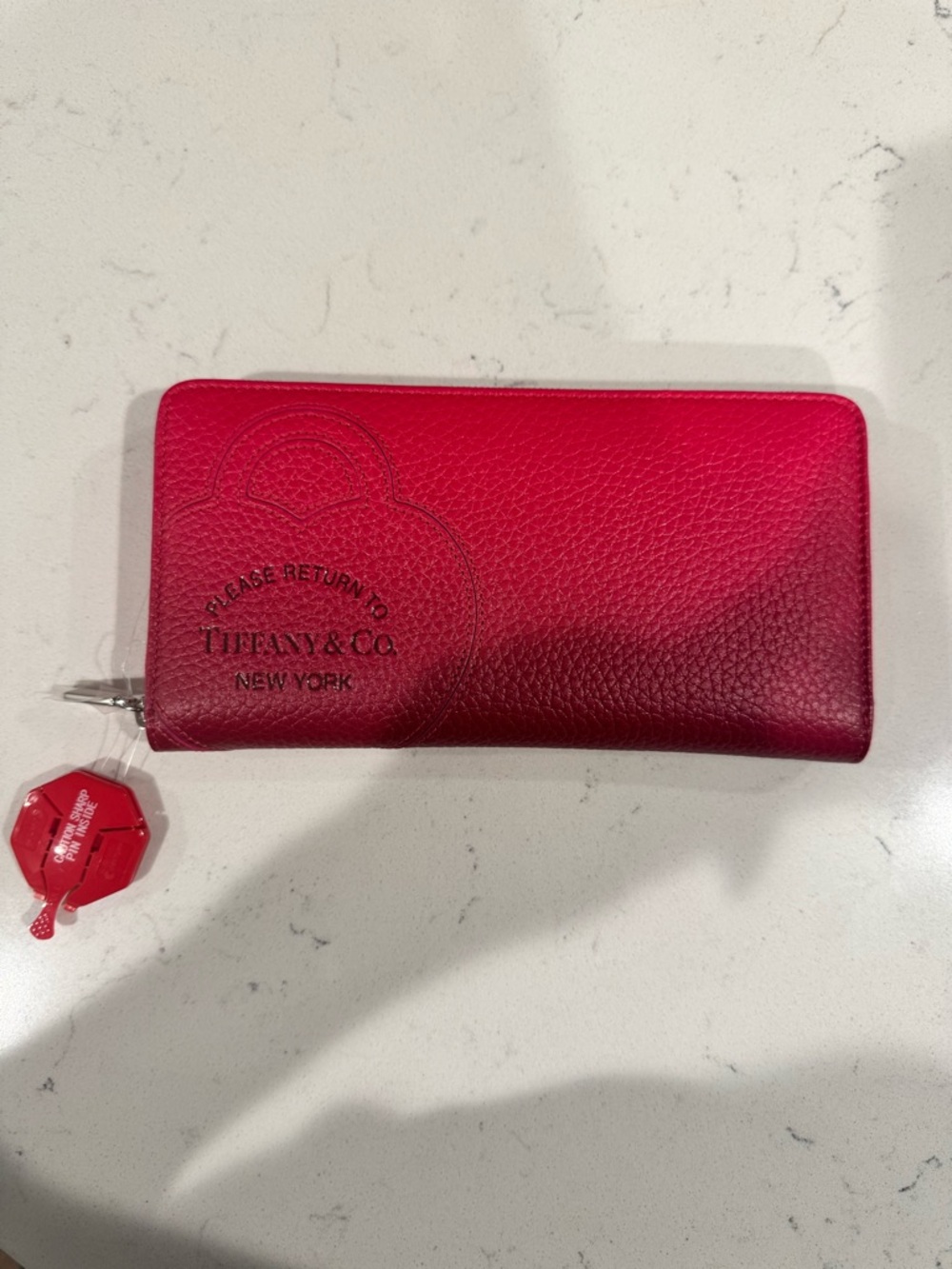 Please Return to Tiffany & Co. Pink-Red Zip Around Leather Wallet